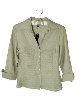 Tracy M 100% Linen Pleat Tuck Top L Beige Button Up 3/4 Sleeve Office Minimalist